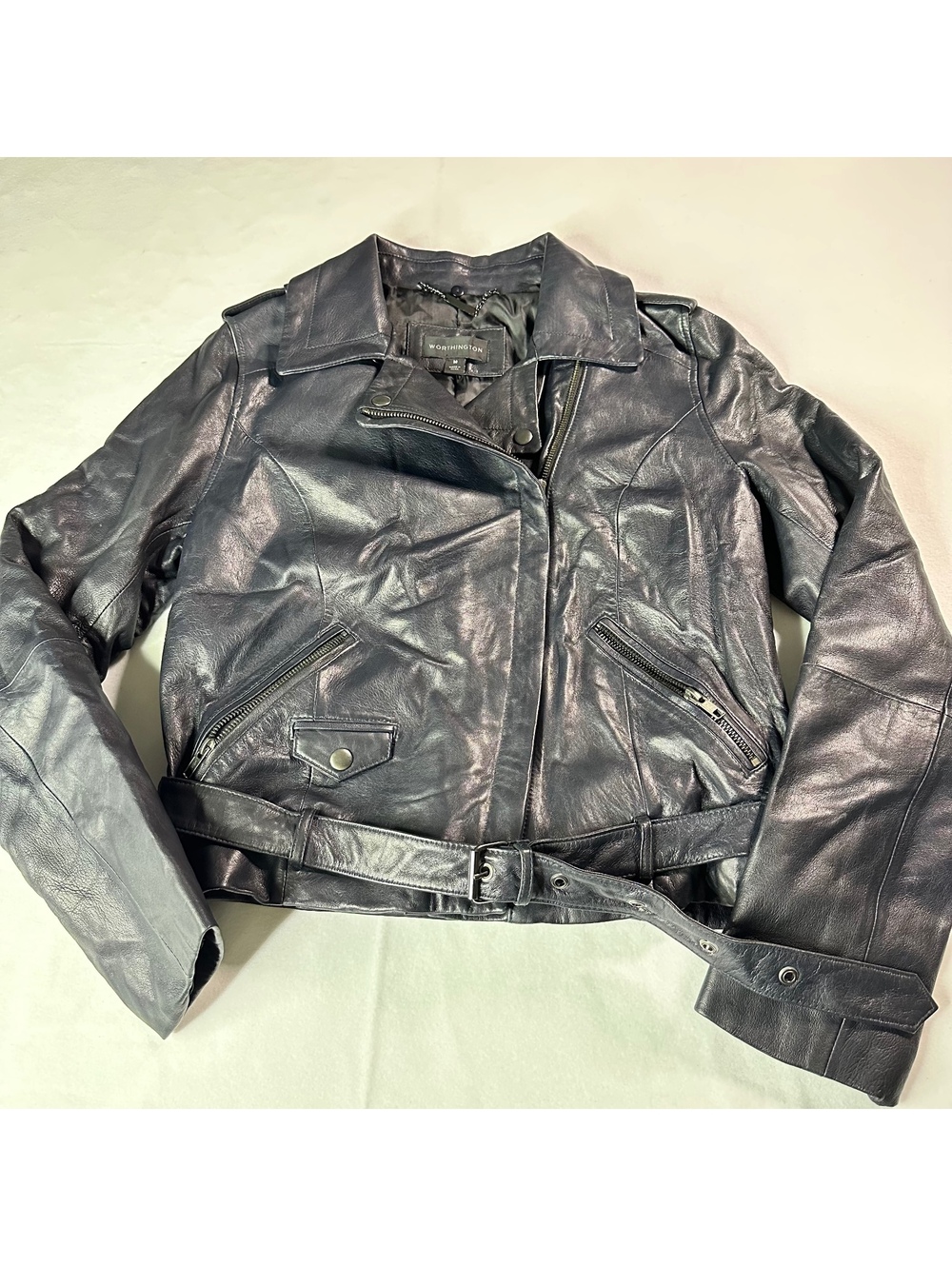 Worthington Genuine Leather Moto Biker Jacket Navy Detachable Faux Fur M